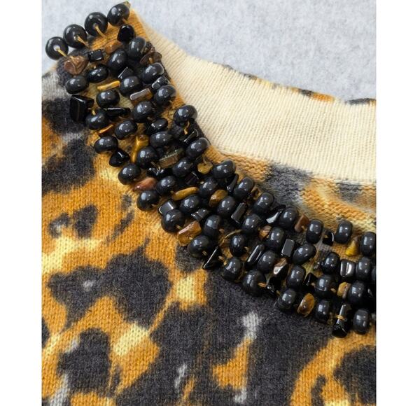 Magaschoni Womens Cashmere Sweater Cardigan L Animal Print Beaded Collar Mobwife - Picture 16 of 16